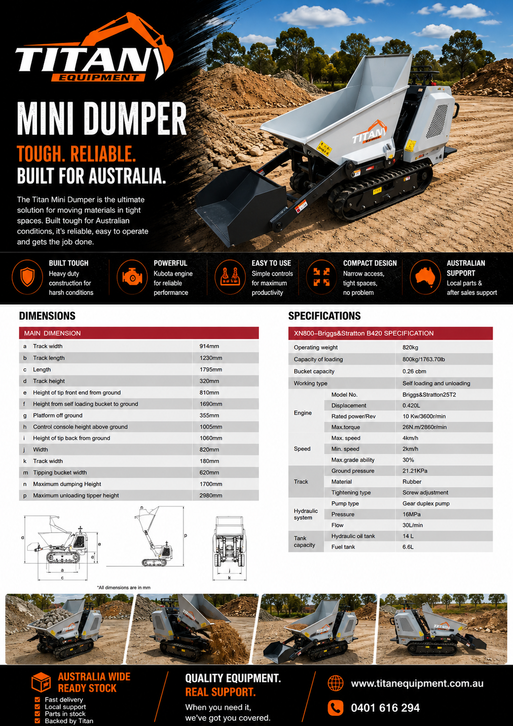 Titan XN800 Mini Dumper flyer with machine and specifications